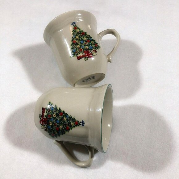 Christmas Tree Mug Set 2 Pair Couple Winter Holiday Ceramic Beige Restaurant - Picture 2 of 10
